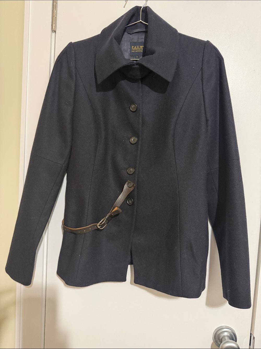 Pauw Amsterdam Black Wool Button-Front Jacket with Leather Strap Pea Coat size 4